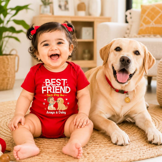 New Born & Baby Clothing | Best Friends Since Day One Customized Baby Name & Pet Name | Soft Cotton