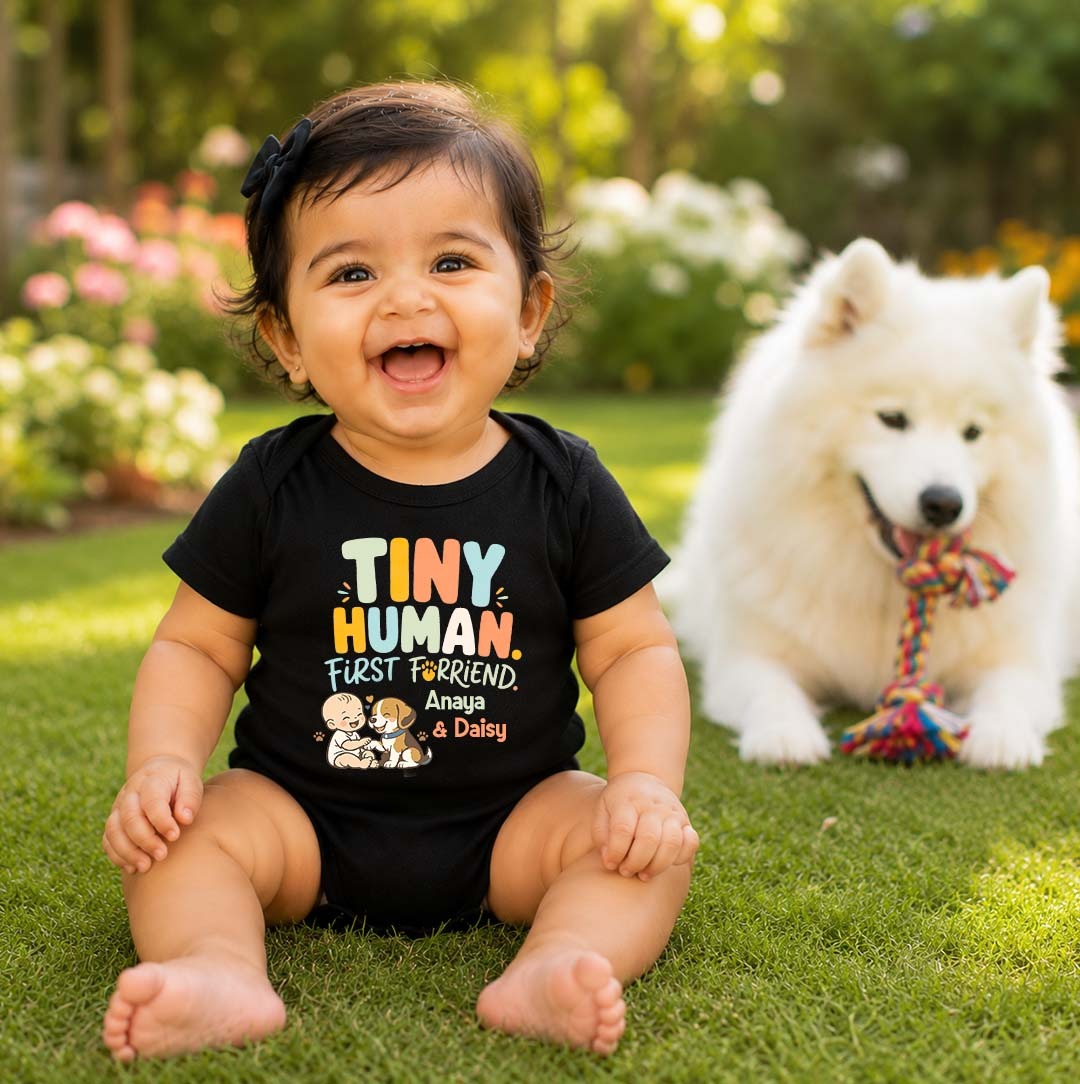 New Born & Baby Clothing | Tiny Human First Furfriend Friends Customized Baby Name & Pet Name | Soft Cotton