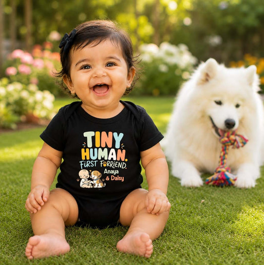 New Born & Baby Clothing | Tiny Human First Furfriend Friends Customized Baby Name & Pet Name | Soft Cotton