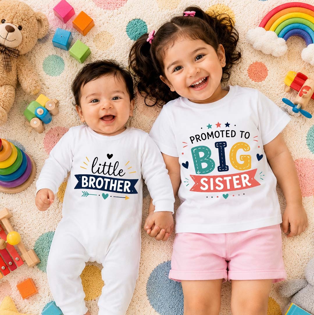 Combo pack of Promoted to Big Sis , Little Brother White Full Romper and T-shirt Combo