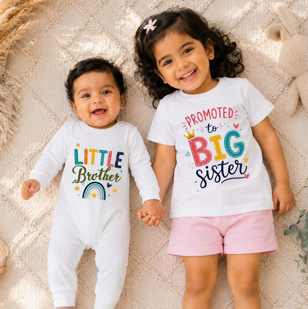 Combo pack of Little Brother , Promoted to Big Sis  White Full Romper and T-shirt Combo (Copy)