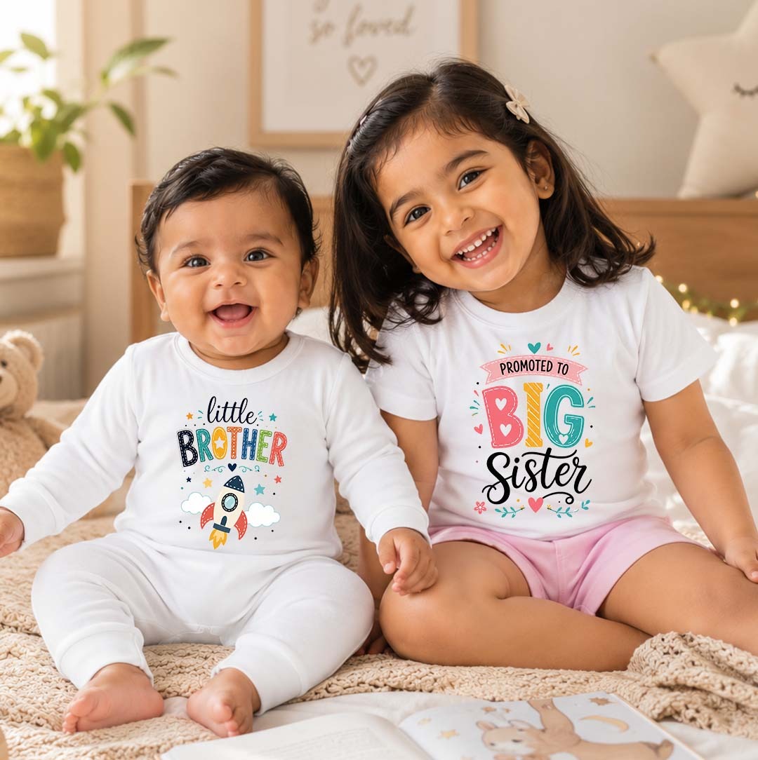 Combo pack of Little Brother , Promoted to Big Sis  White T-shirt & Full Romper Combo