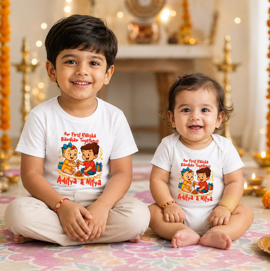 Combo pack of Our First Raksha Bandhan with Customised name _ White Tees & Onesie