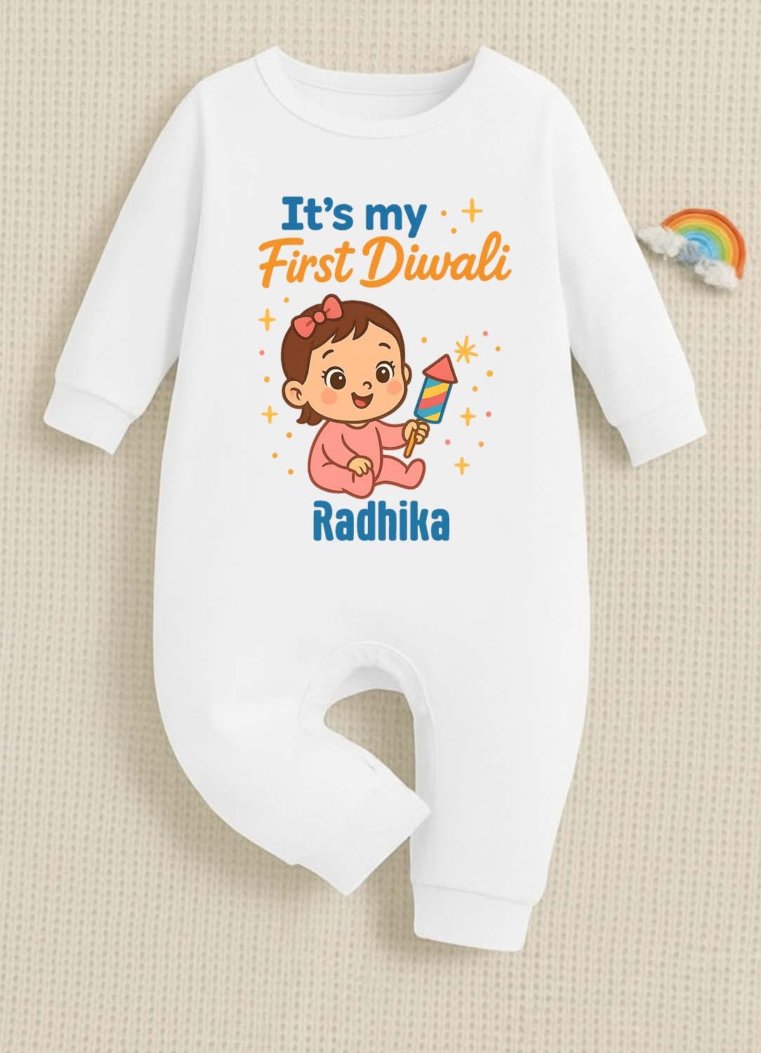 My First Diwali With Customized Baby Girl Name  _  Full White Romper