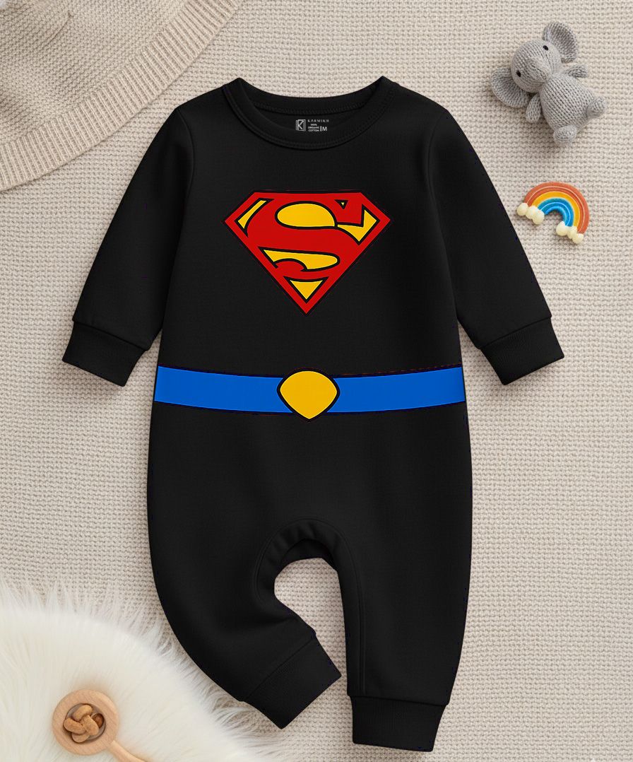 Cute Super Baby  Photoshoot Outfit With Customized Baby Name for Newborns & Infants | Soft Black Full Romper Cotton