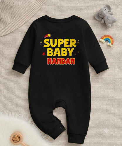 Cute Super Baby  Photoshoot Outfit With Customized Baby Name for Newborns & Infants | Soft Black Full Romper Cotton