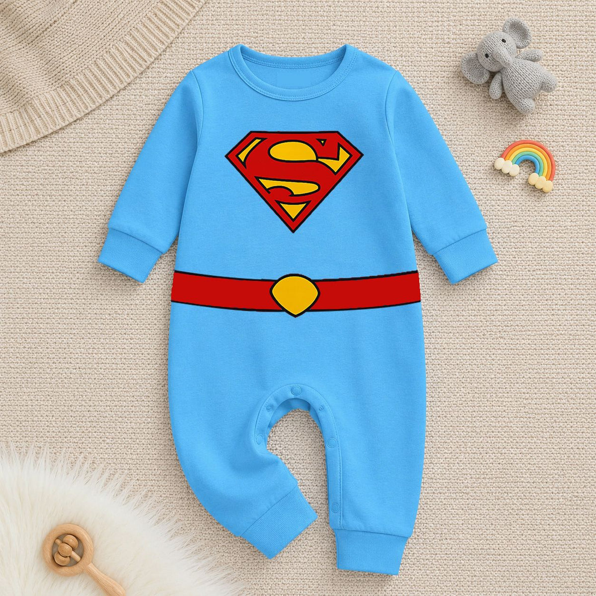 Cute Super Baby  Photoshoot Outfit With Customized Baby Name for Newborns & Infants | Soft Blue Full Romper Cotton