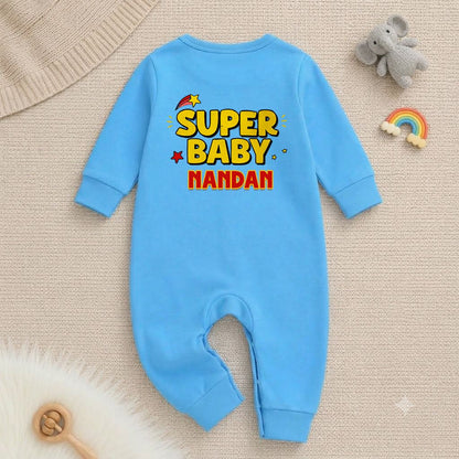 Cute Super Baby  Photoshoot Outfit With Customized Baby Name for Newborns & Infants | Soft Blue Full Romper Cotton