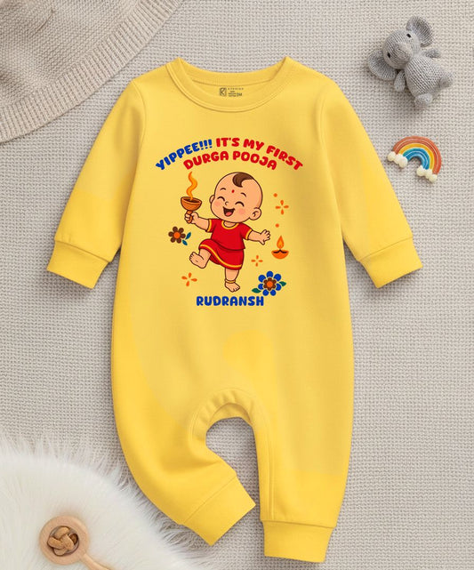Yippee !! It's My First Durga Pooja  With Customized Name _ Full Yellow Romper