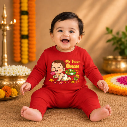 My First Onam_ Red Full Romper