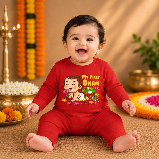 My First Onam_ Red Full Romper