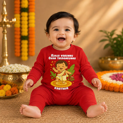 The Little One Arrives Onam Begins with customised name_ Red Full Romper
