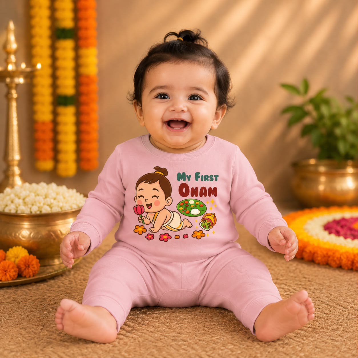 My First Onam_ Pink Full Romper