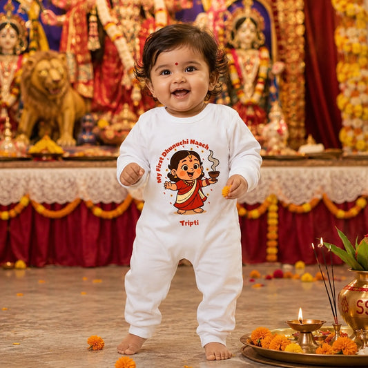 My First Dhunuchi Naach with Customized Baby Girl Name _ Full White Romper