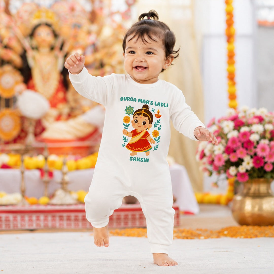 Durga Maa's Ladli  With Customized Baby Girl  Name _ Full White Romper