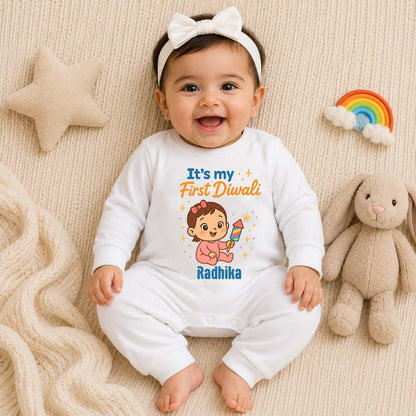 My First Diwali With Customized Baby Girl Name  _  Full White Romper