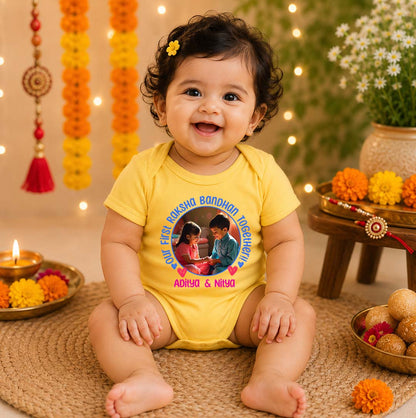 Our First Raksha Bandhan together!! Yellow customised romper with photo and name