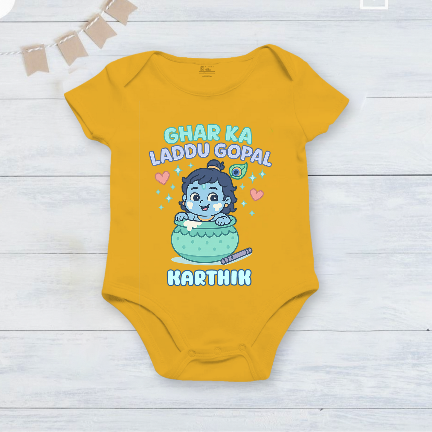 Ghar Ka Laddu Gopal with customised baby name _Yellow Onesie