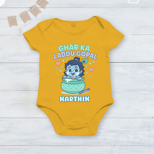 Ghar Ka Laddu Gopal with customised baby name _Yellow Onesie