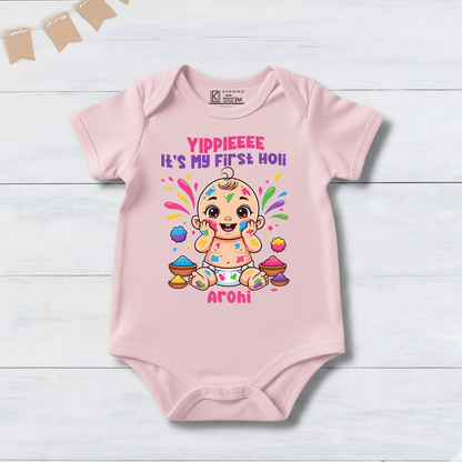 New Born & Baby Clothing | Baby First Holi Dress with Baby Girl Name | Soft Pink Cotton