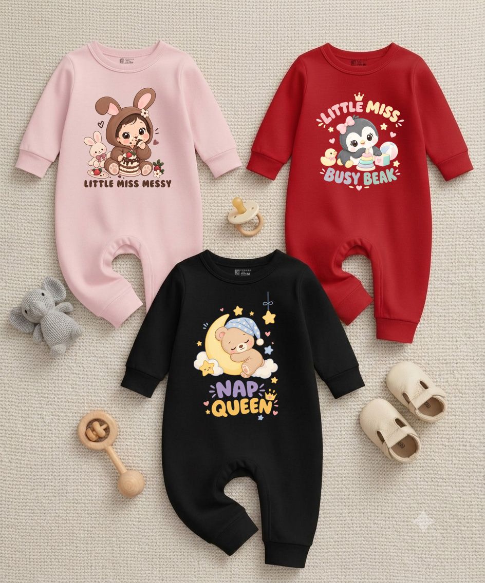 Karmikh Baby Romper Combo of 3 | Little Miss Messy, Little Miss Busy Beak & Nap Queen | Full Sleeve Baby Rompers