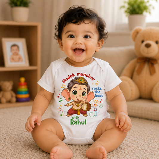 Modak Muncher Rocks the beat with customised name_ White Onesie