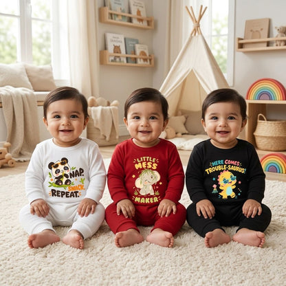 Karmikh Baby Romper Combo of 3 | Nap Snack Repeat, Little Mess Maker & Here Comes Trouble-Saurus | Full Sleeve Baby Rompers