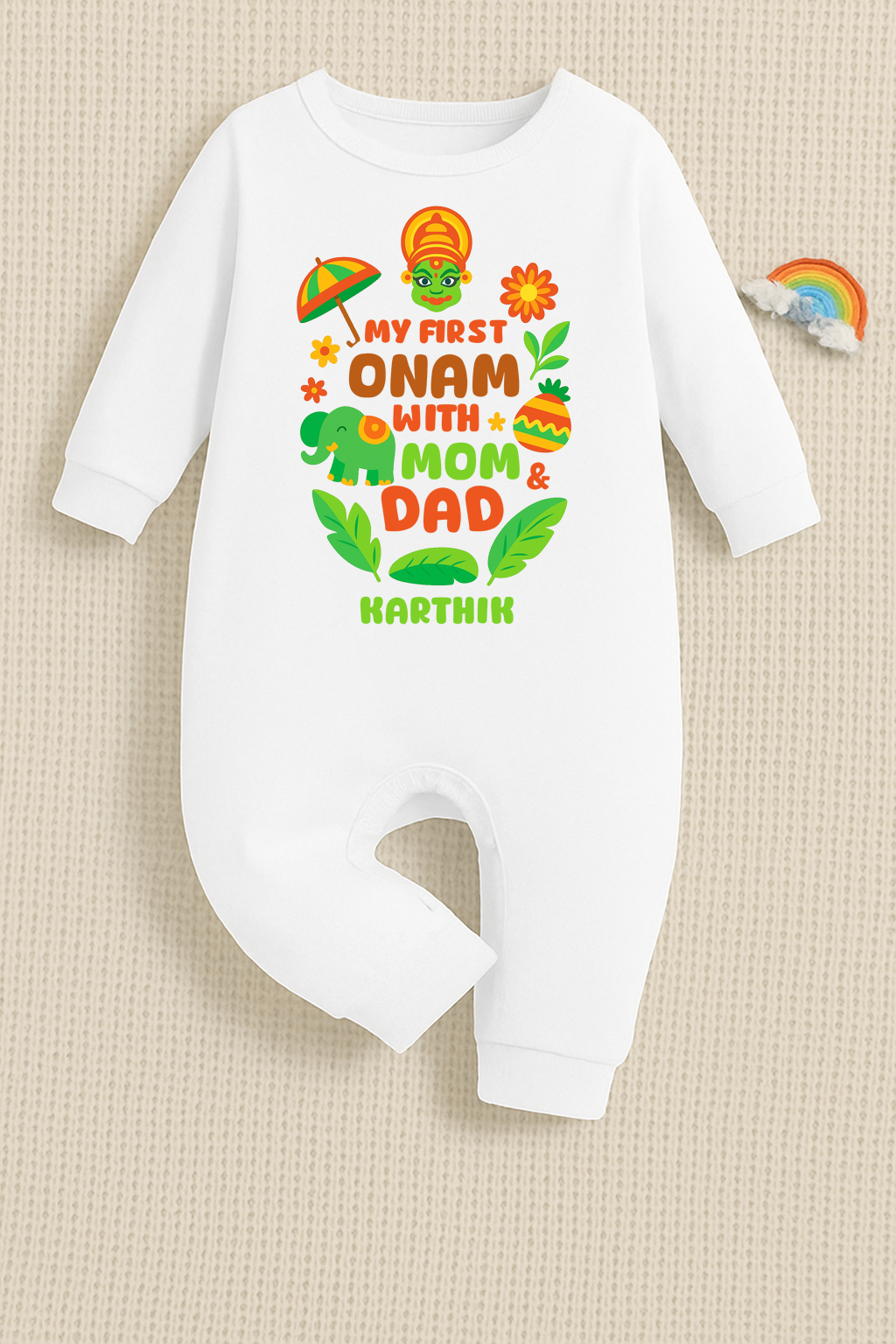 My First Onam With Mom Dad With Customised Baby Name_ White Full Romper
