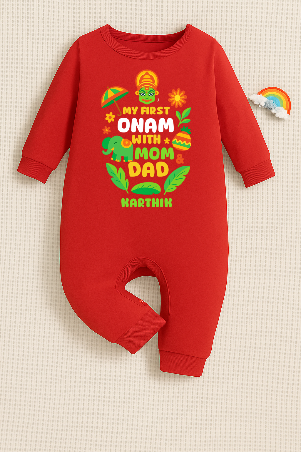 My First Onam With Mom Dad With Customised Name_ Red Full Romper