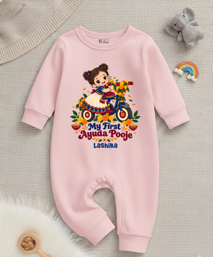 My First Ayuda Pooja With Customized Baby Girl Name _ Full Pink Romper