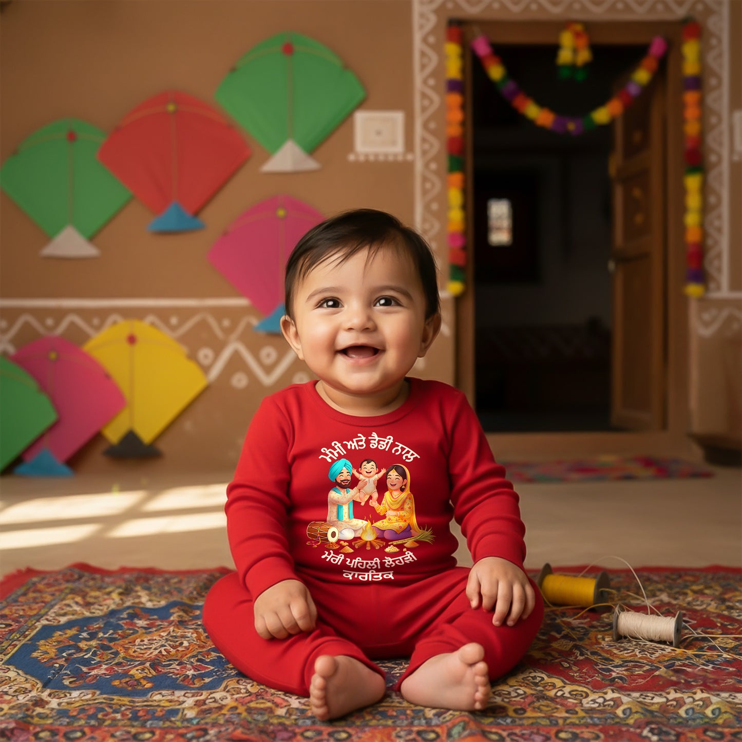 My first Lohri With Mom And Dad With Customized Baby Name _Full Red Romper