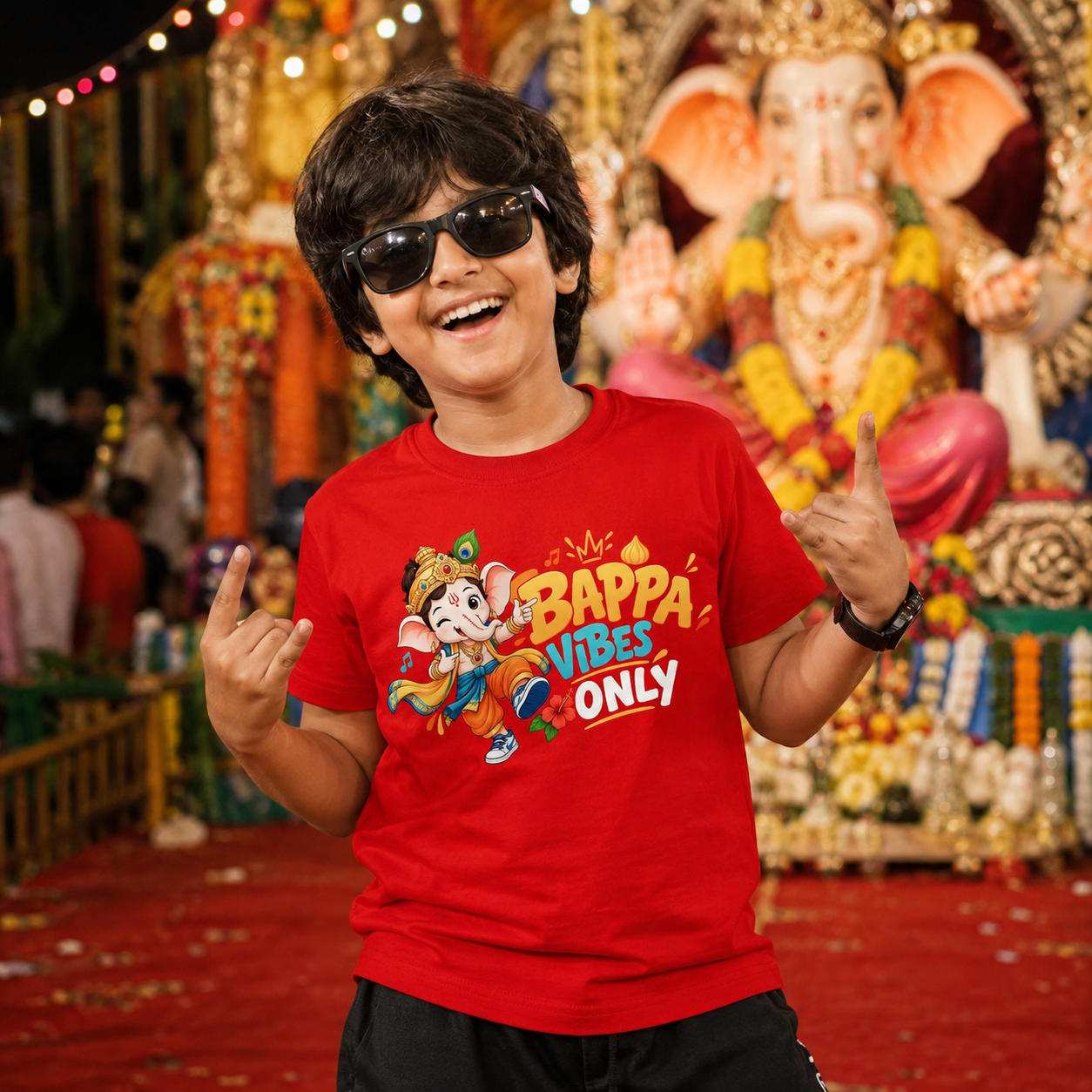 Bappa Vibes Only Ladka Kids T-Shirt | Ganpati Red T-Shirt