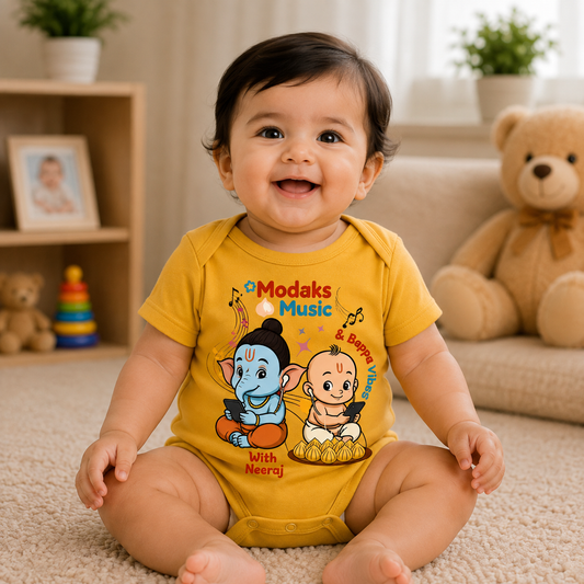 Modak's Music and Bappa Vibes with customised name_ Yellow Onesie