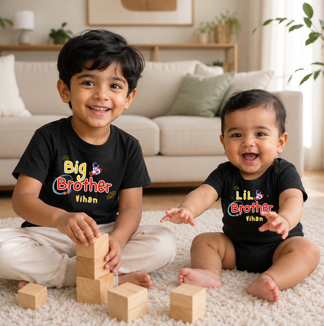 Combo pack of Big Brother, Little Brother astronaut design with Customised Name_ Black Tees & Onesie