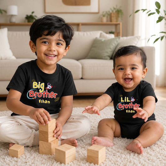 Combo pack of Big Brother, Little Brother astronaut design with Customised Name_ Black Tees & Onesie