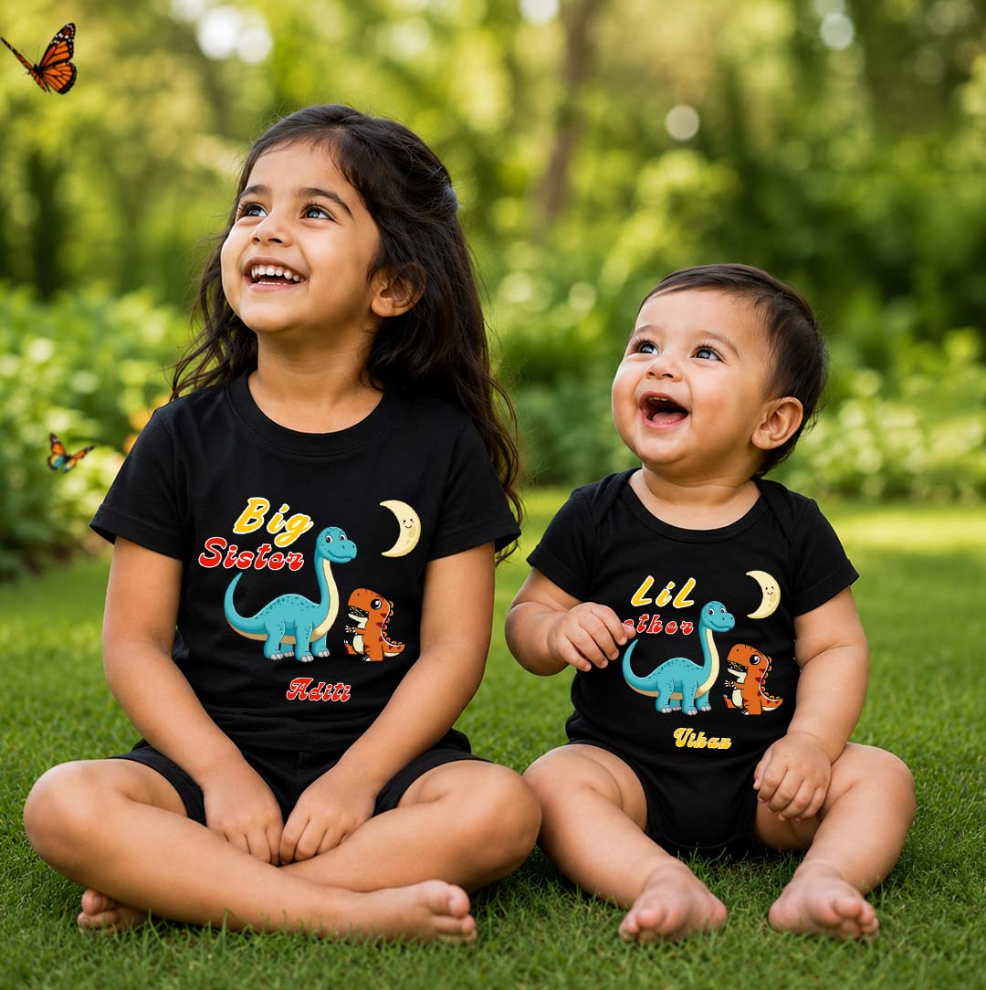 Combo pack of Big Sister, Little Brother with Customised Name_ Black Tees & Onesie