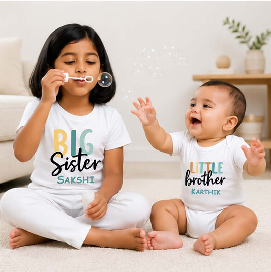 Combo pack of Big Sis, Little Brother with Customised Name_ White Tees & Onesie