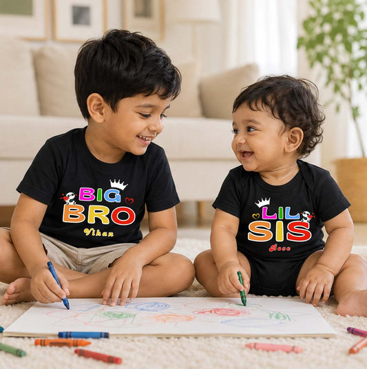 Combo pack of Big Brother, Little Sister with customised name_ Black Tees and Romper