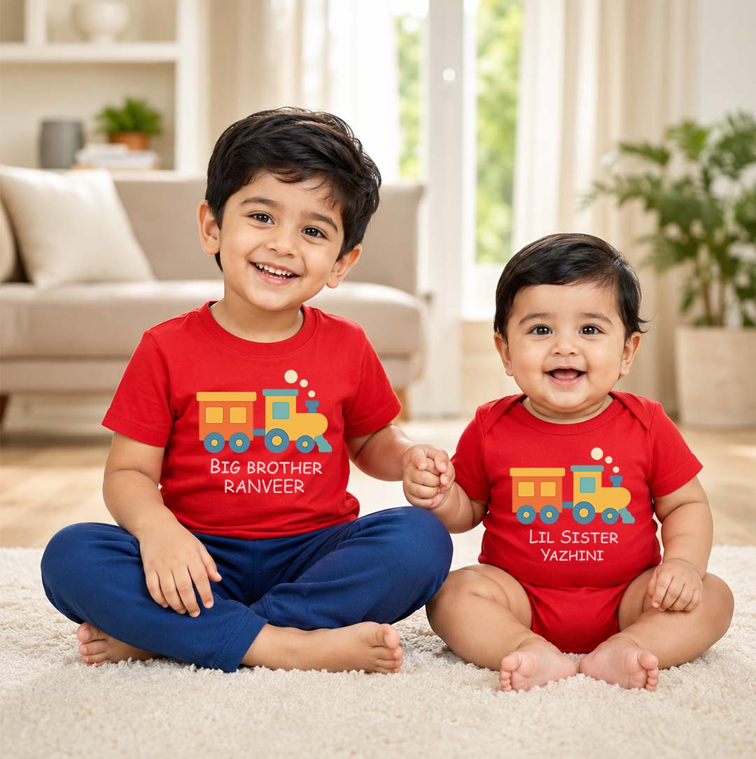 Combo pack of Big Brother, Little Sister cute train design with Customised Name_ RedTees & Onesie