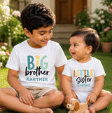 Combo pack of Little Sister, Big Brother with Customised Name_ White Tees & Romper