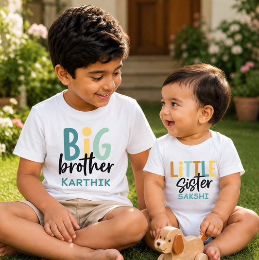 Combo pack of Little Sister, Big Brother with Customised Name_ White Tees & Romper