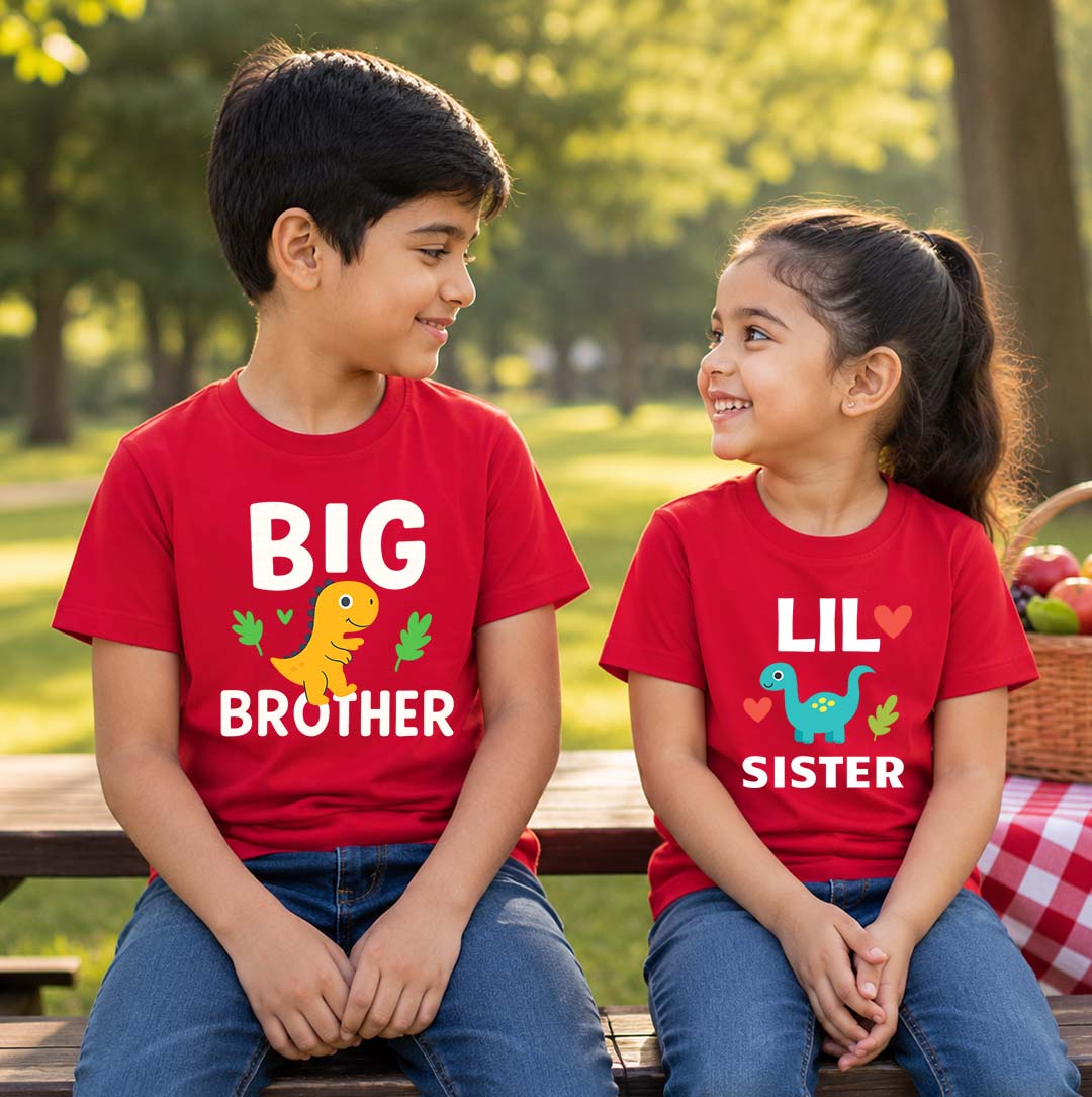 Combo pack of Big Brother, Little Sister with Customised Name_ Red Tees