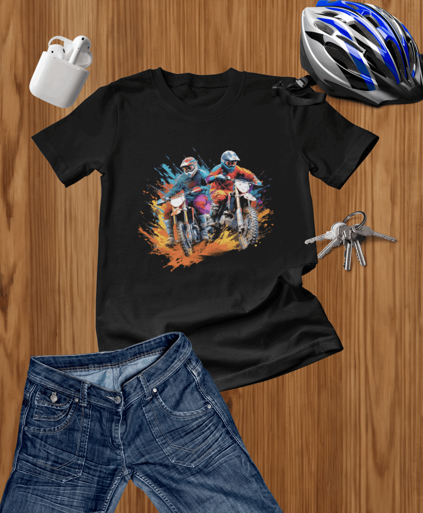 Biker Themed Paired Black Cotton T-shirt