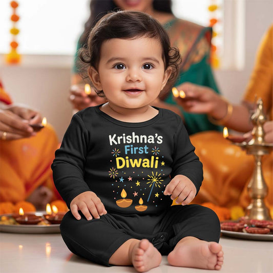 First Diwali With Customized Baby Name _ Full Black Romper
