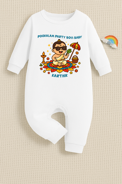 Pookalam Party Boss Baby with customised name_ White Full Romper