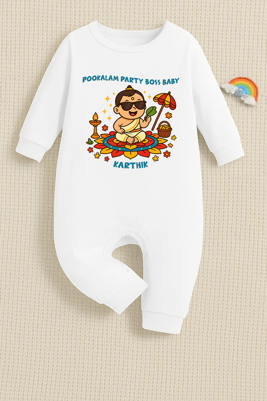 Pookalam Party Boss Baby with customised name_ White Full Romper