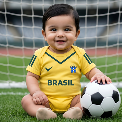 New Born & Baby clothing | Brasil Football Fan Baby Romper with Customized Baby Name Printed | Soft Yellow Cotton