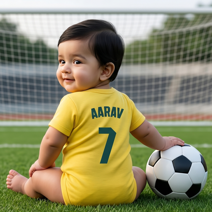 New Born & Baby clothing | Brasil Football Fan Baby Romper with Customized Baby Name Printed | Soft Yellow Cotton