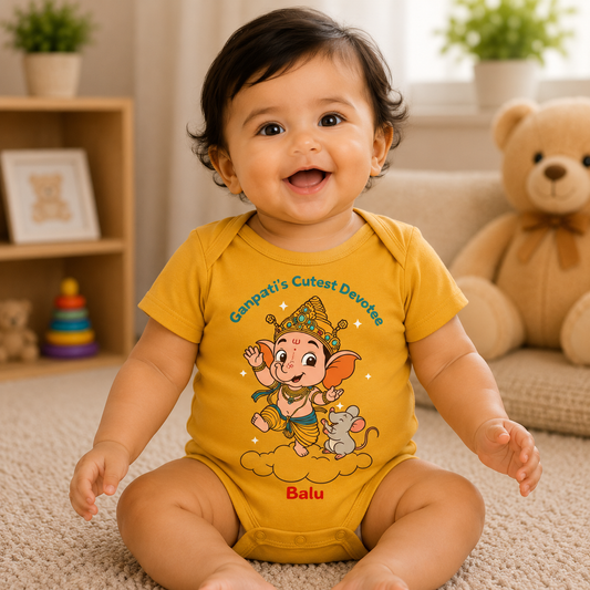 Ganpati's Cutest Devotee with customised name_ Yellow Onesie