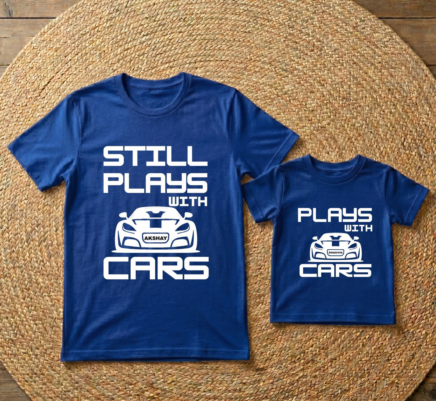 New Born & Baby Clothing | Still Plays With Cars Together Father & Son Twinning Blue Sets | Soft T-shirt